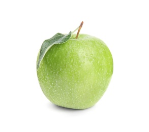 Photo of Fresh ripe green apple with water drops and leaf on white background