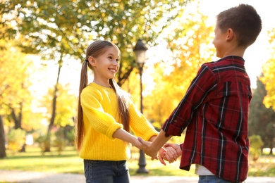 Happy children playing in sunny park. Autumn walk