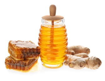 Photo of Ginger and honey on white background. Natural cold remedies