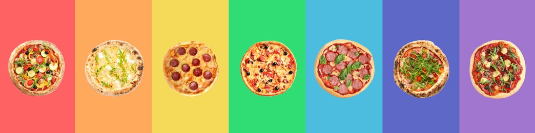 Image of Set of delicious pizzas on different color backgrounds, top view. Banner design