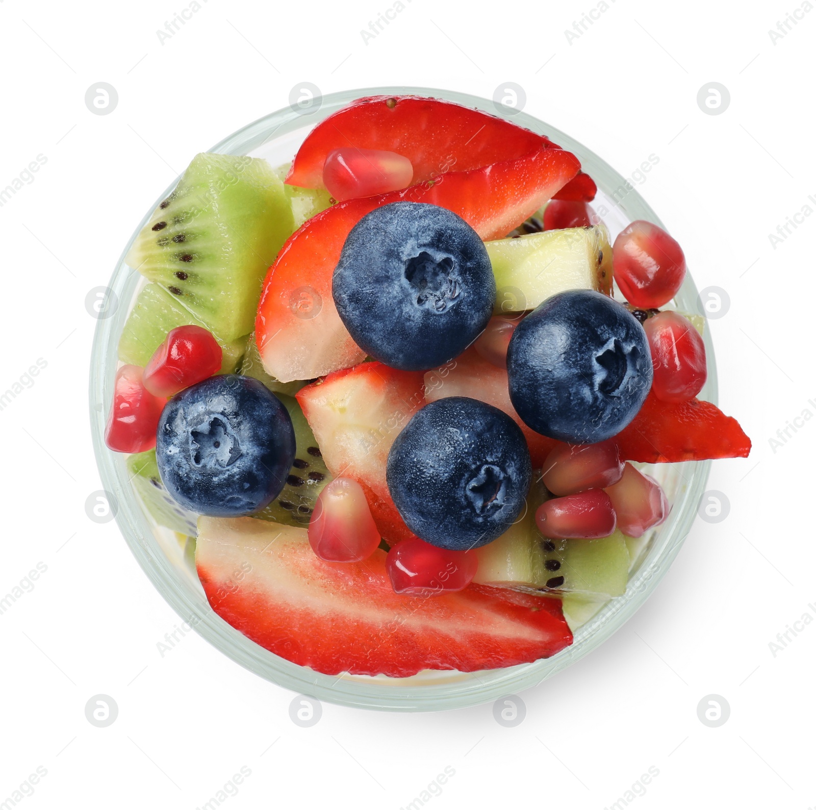 Photo of Healthy breakfast. Delicious fruit salad in glass isolated on white, top view