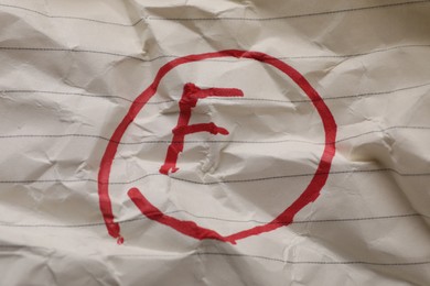 Photo of School grade. Red letter F on notebook paper, closeup