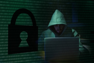 Image of Anonymous man with laptop, binary code and illustration of padlock in darkness