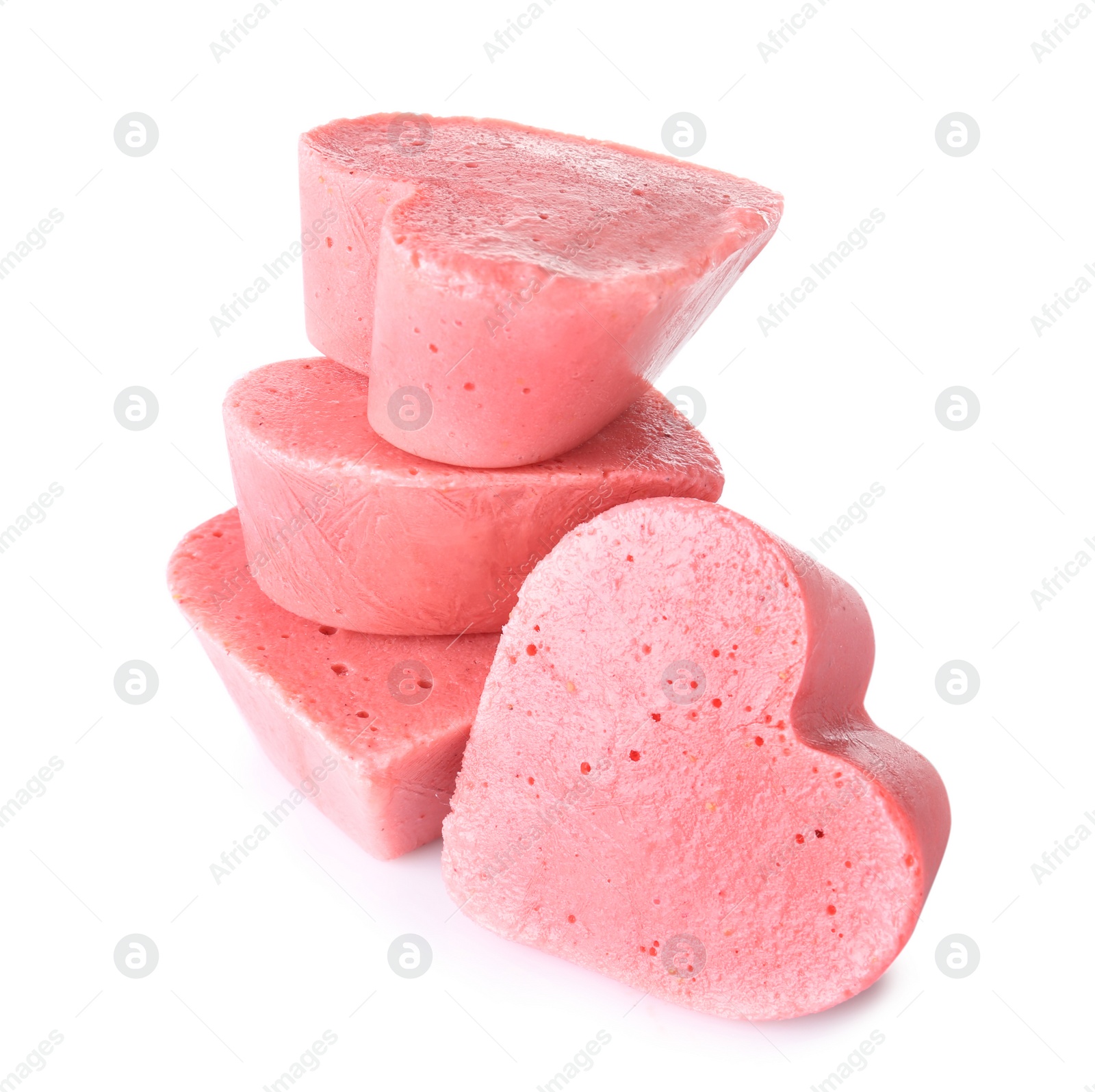 Photo of Heart shaped berry ice cubes on white background