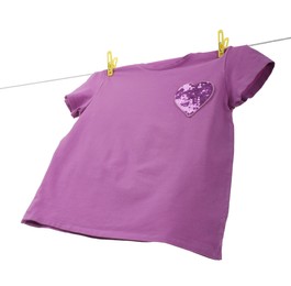 One violet t-shirt drying on washing line isolated on white