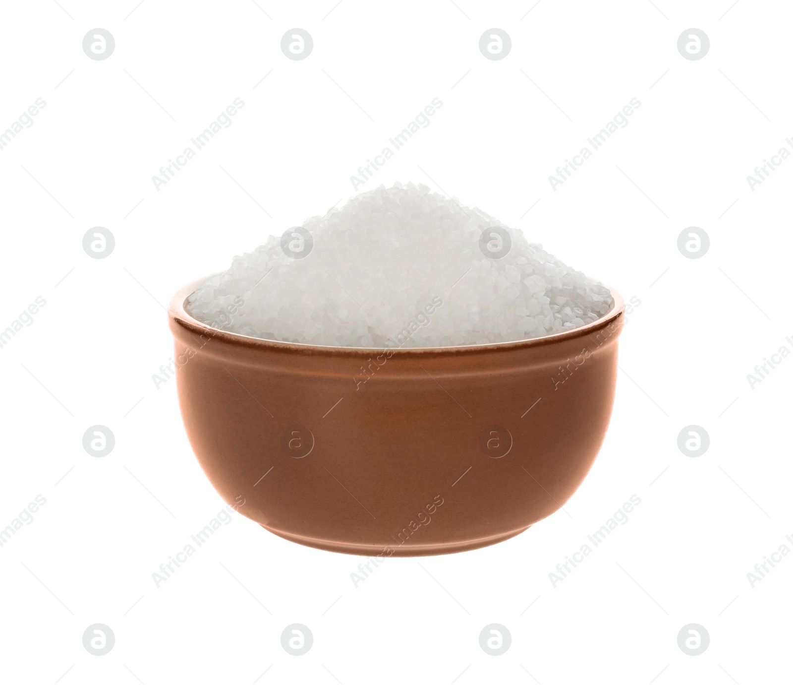 Photo of Bowl with natural salt isolated on white