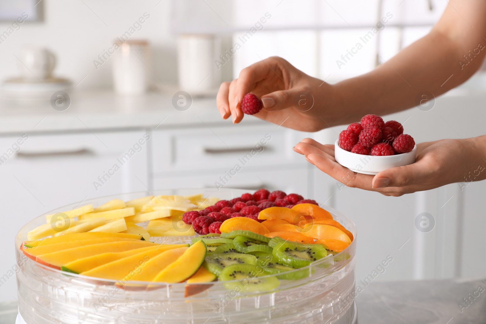 Photo of Woman putting raspberry into fruit dehydrator machine in kitchen, closeup