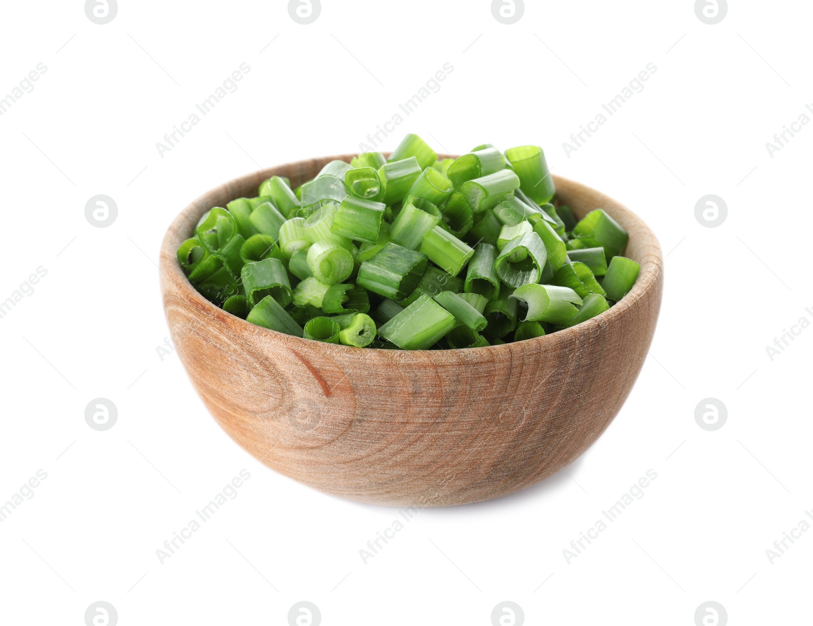 Photo of Wooden bowl with cut green onion on white background