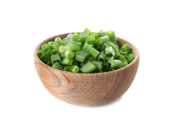 Photo of Wooden bowl with cut green onion on white background