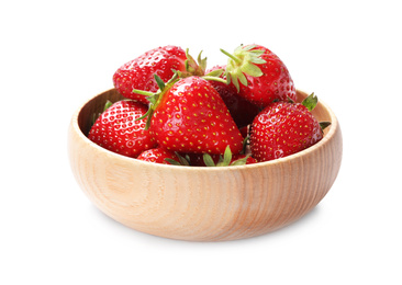 Photo of Ripe strawberries in wooden bowl isolated on white