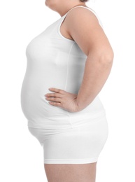 Overweight woman on white background, closeup. Weight loss