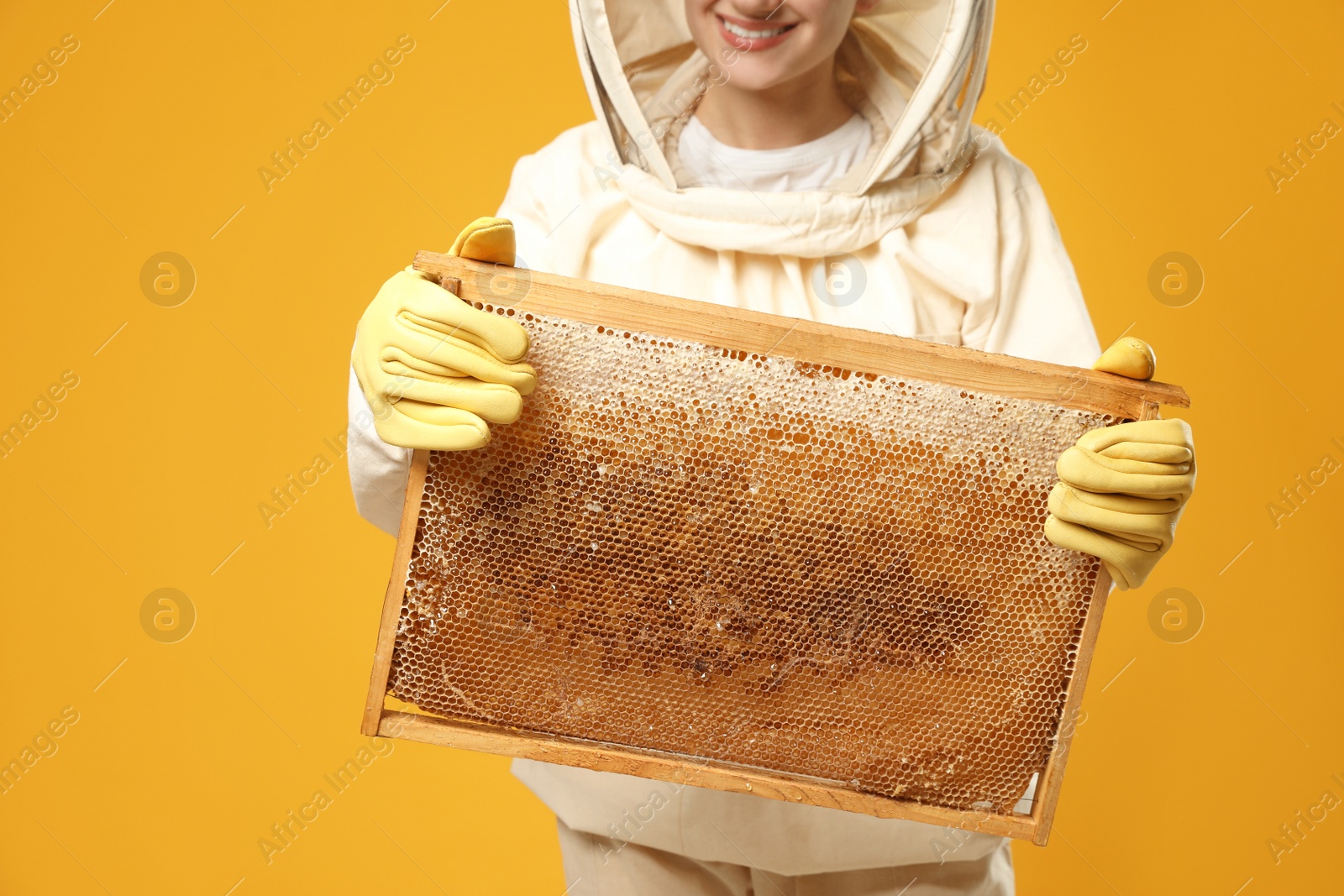 Photo of Beekeeper in uniform holding hive frame with honeycomb on yellow background, closeup