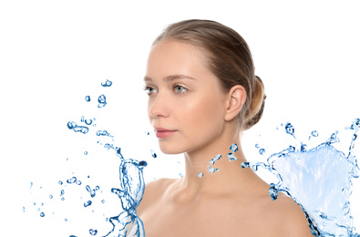 Image of Beautiful woman with perfect skin and splash of clear water on white background, banner design