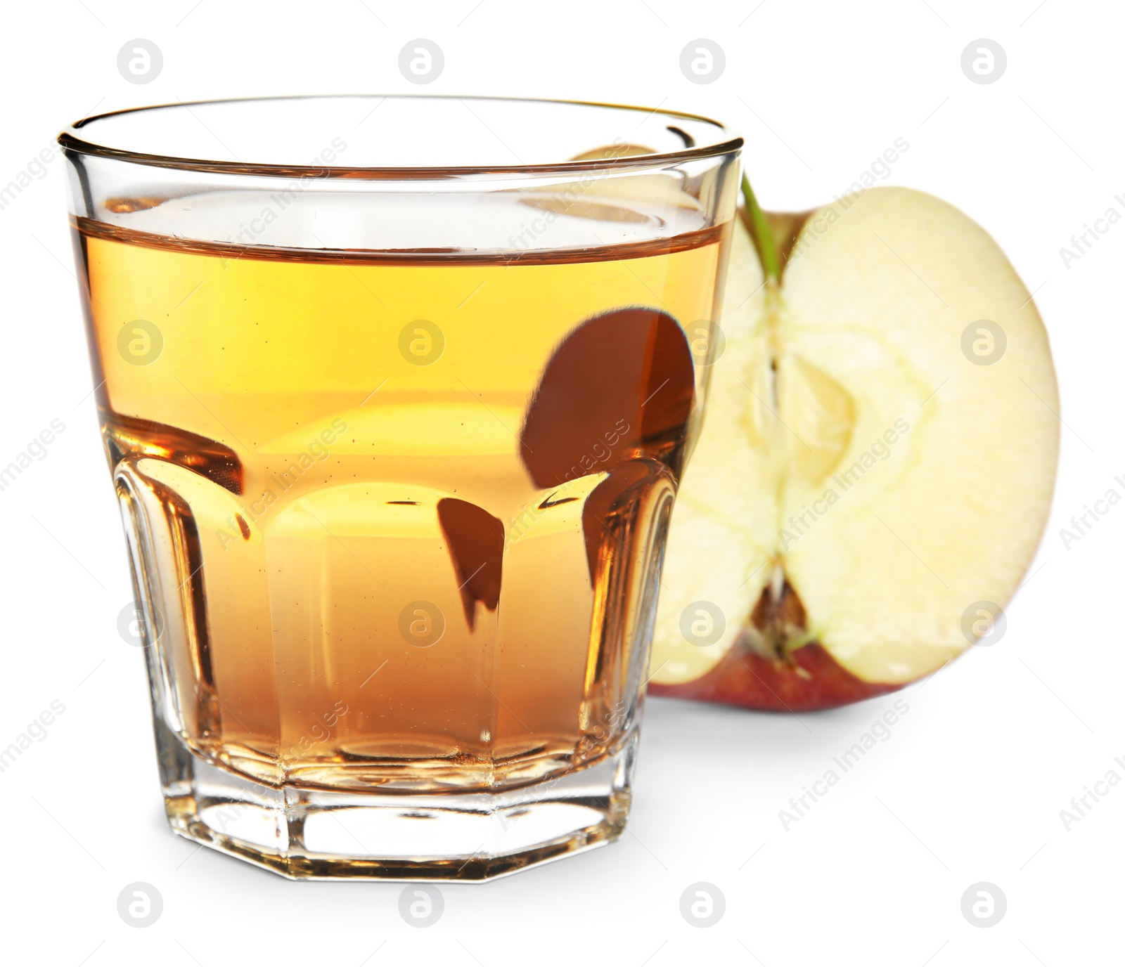 Photo of Glass with delicious cider and piece of ripe apple on white background