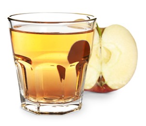 Photo of Glass with delicious cider and piece of ripe apple on white background