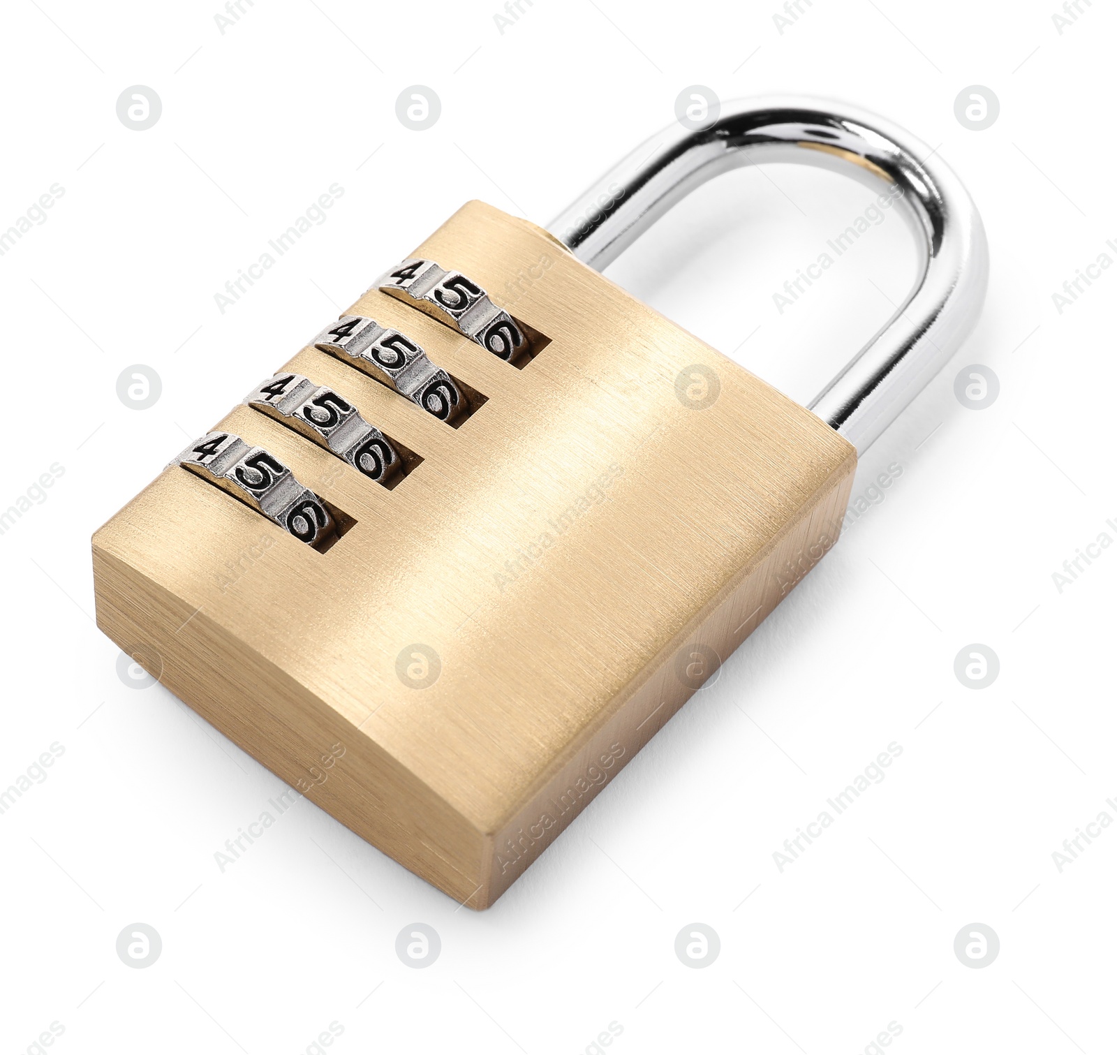 Photo of Locked steel combination padlock isolated on white