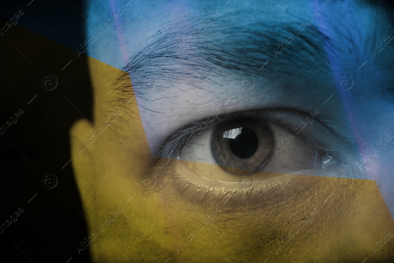 Image of Double exposure of Ukrainian national flag and man, closeup view