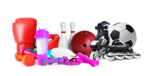 Image of Set of different sport equipment on white background