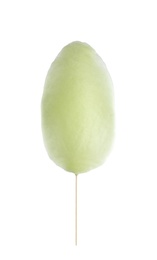 Photo of Young woman holding green cotton candy on white background, closeup