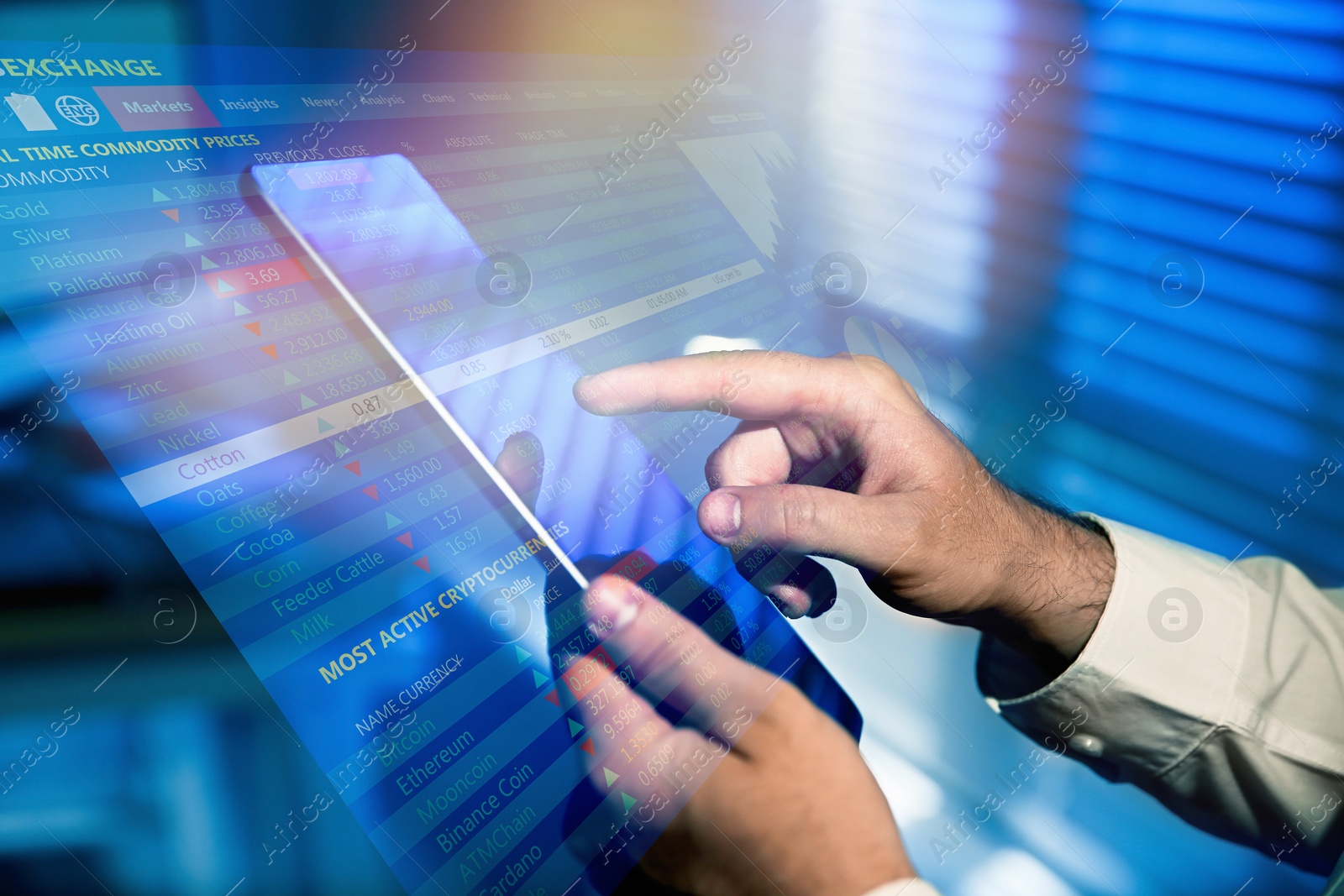 Image of Stock exchange. Man using tablet and illustration of web terminal with rating graph