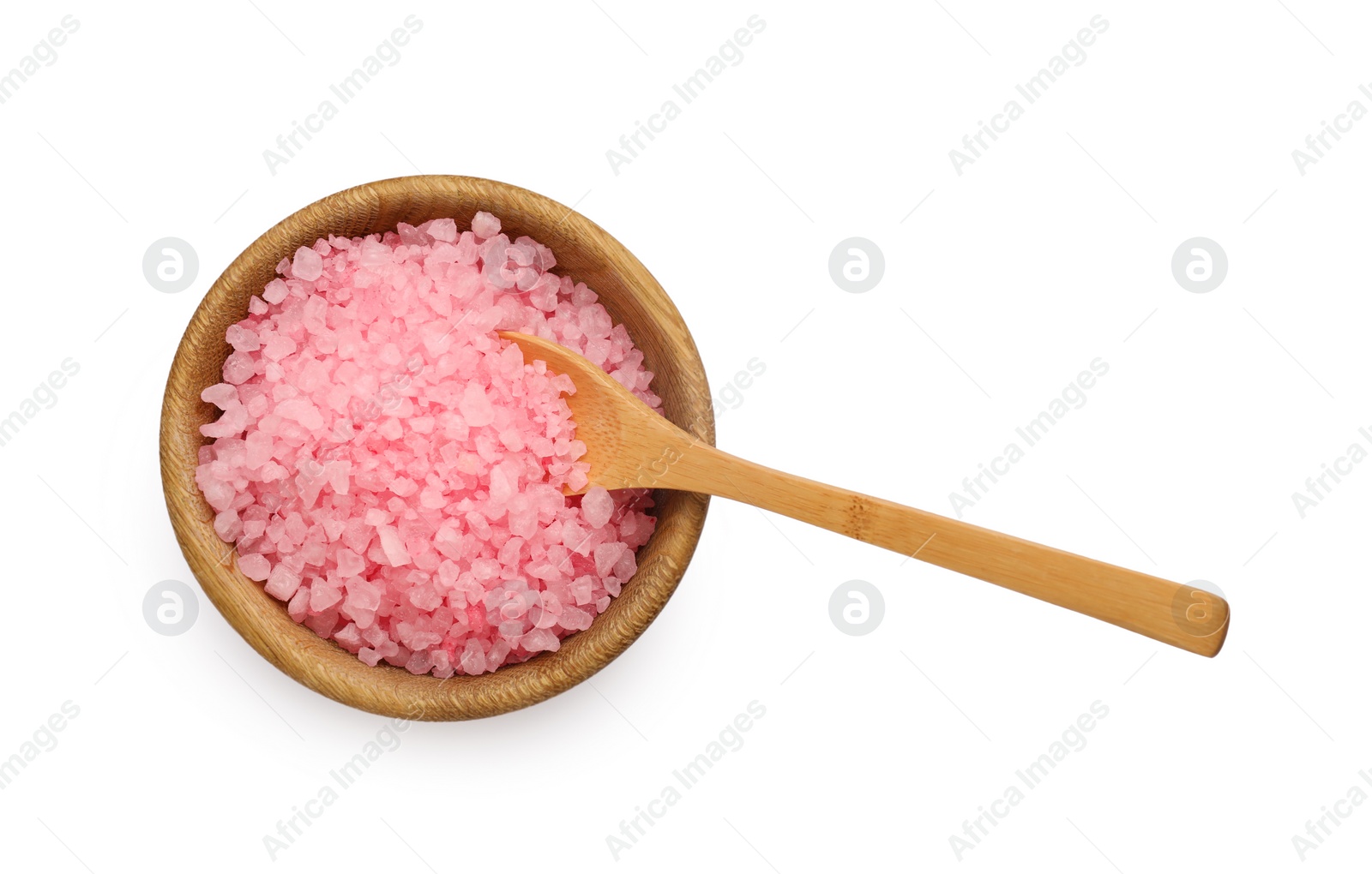 Photo of Bowl with pink sea salt and spoon isolated on white, top view