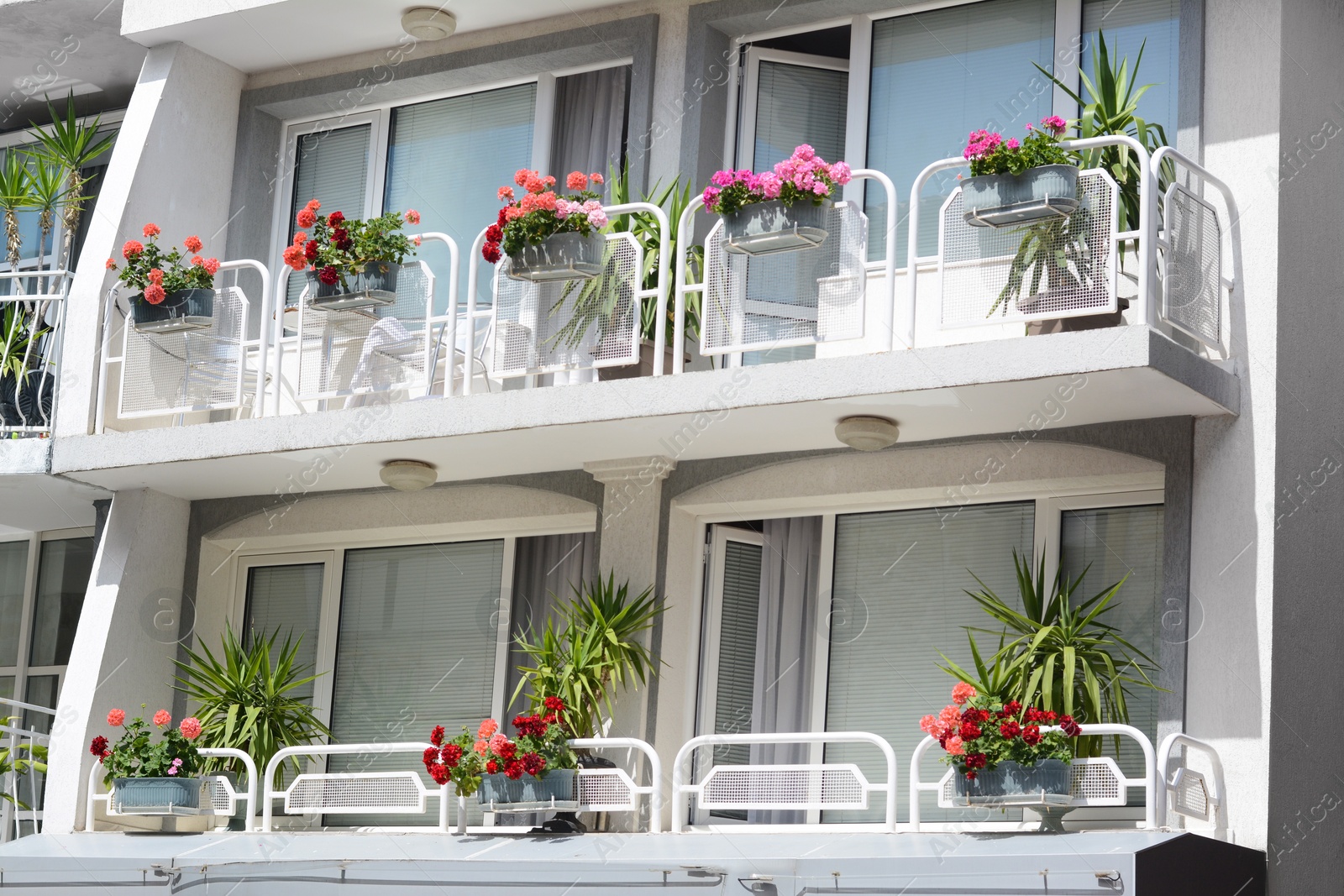 Photo of Exterior of beautiful residential building with balconies and flowers