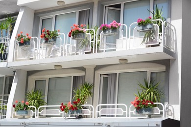 Exterior of beautiful residential building with balconies and flowers
