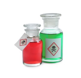 Photo of Apothecary bottles with poison on white background