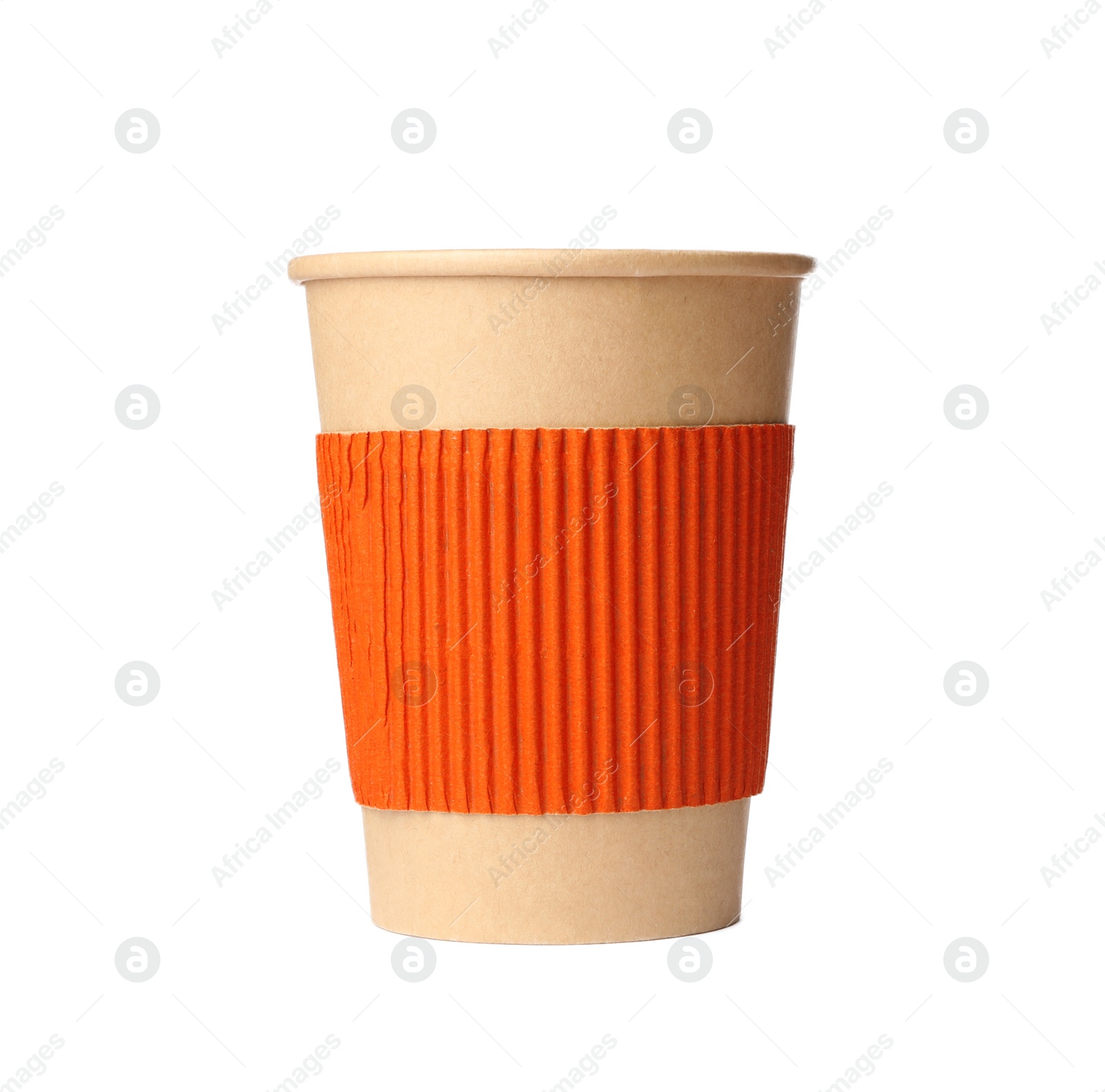 Photo of Takeaway paper coffee cup with cardboard sleeve isolated on white