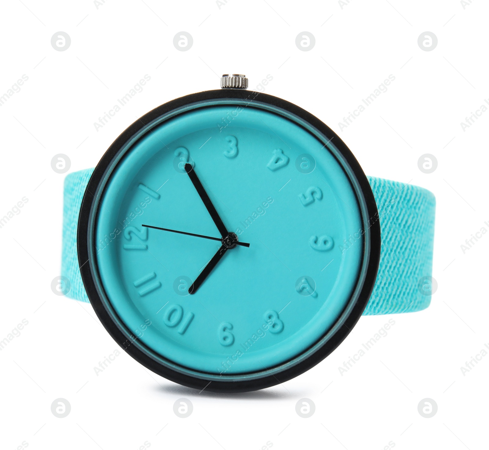 Photo of Stylish wrist watch on white background. Fashion accessory