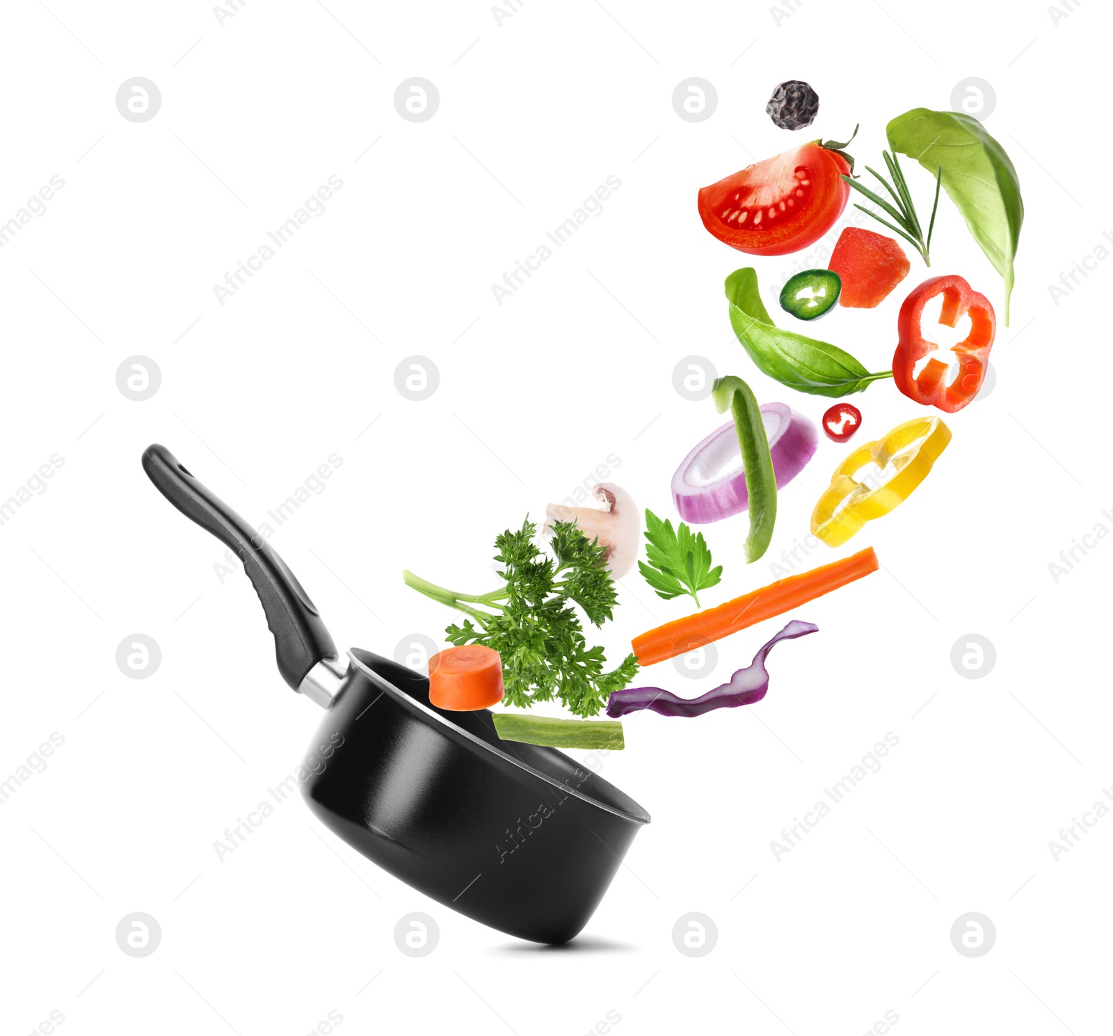 Image of Pot and fresh ingredients for soup on white background