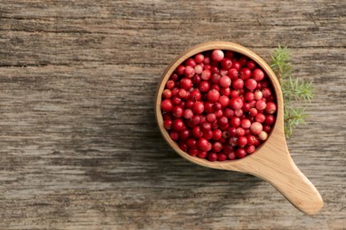 Photo of Cup with tasty ripe lingonberries and spruce twig on wooden surface, flat lay. Space for text
