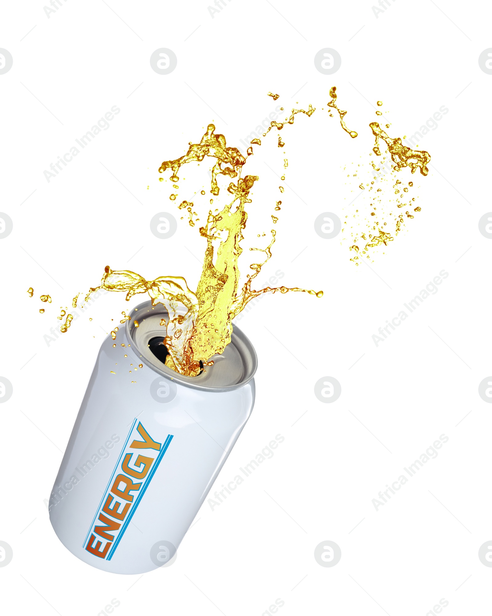 Image of Can of energy drink with splashes on white background