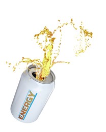 Can of energy drink with splashes on white background