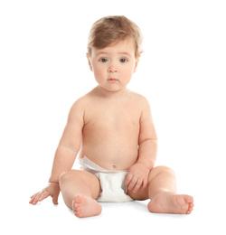 Photo of Cute little baby in diaper on white background