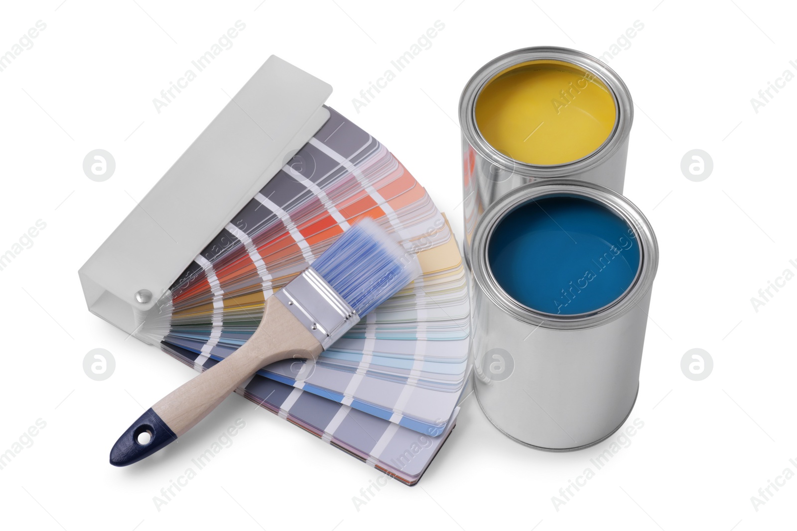 Photo of Paint cans, brush and palette on white background