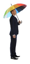 Photo of Businessman with rainbow umbrella on white background