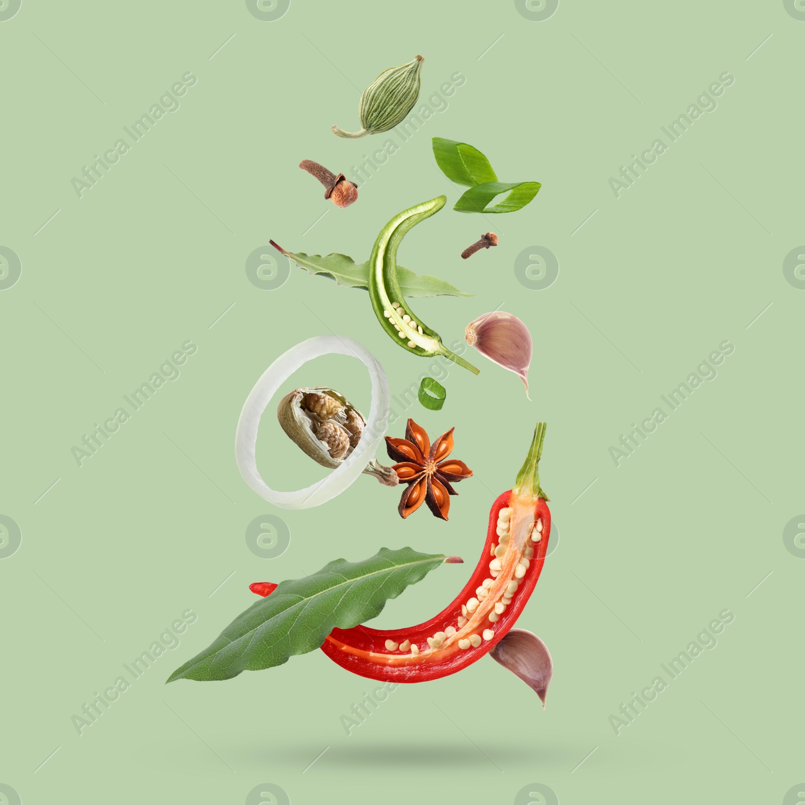 Image of Different spices falling on light green background