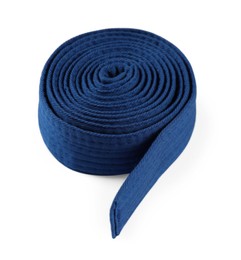 Blue karate belt isolated on white. Martial arts uniform