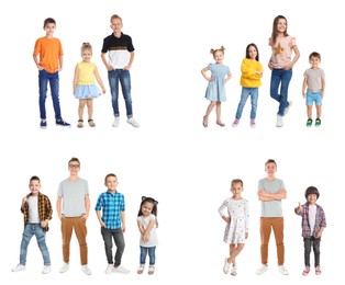 Image of Collage with different groups of cheerful children on white background