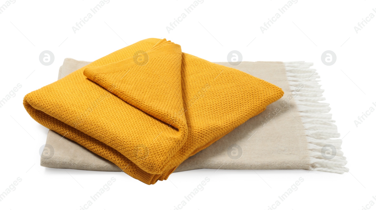 Photo of Two soft warm blankets isolated on white