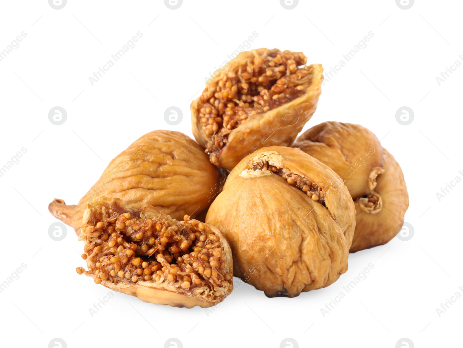 Photo of Pile of tasty dried figs on white background