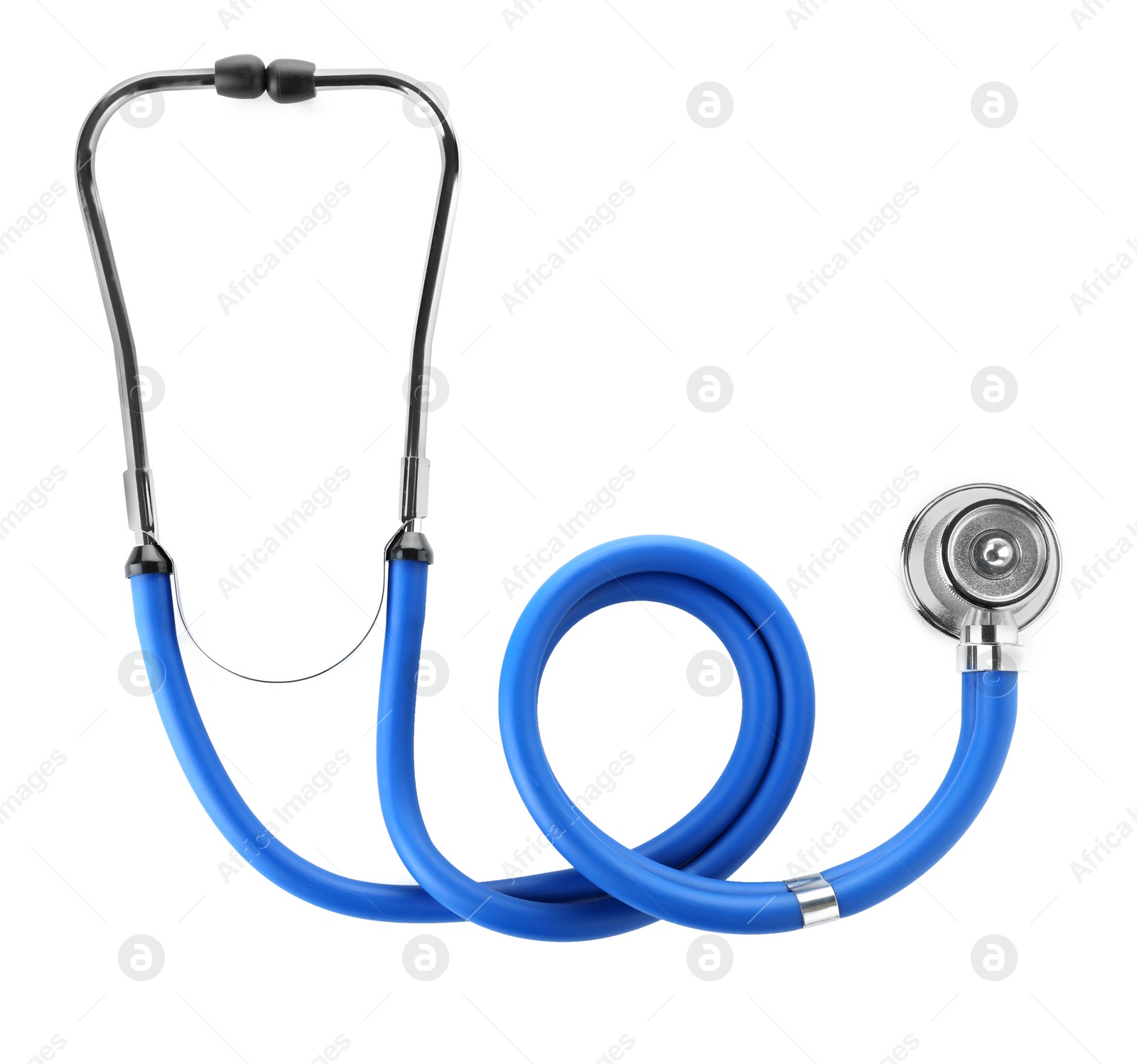 Photo of Stethoscope on white background, top view. Medical device