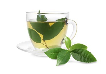 Image of Green tea in glass cup and green leaves isolated on white