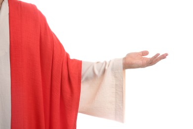 Photo of Jesus Christ reaching out his hand on white background, closeup
