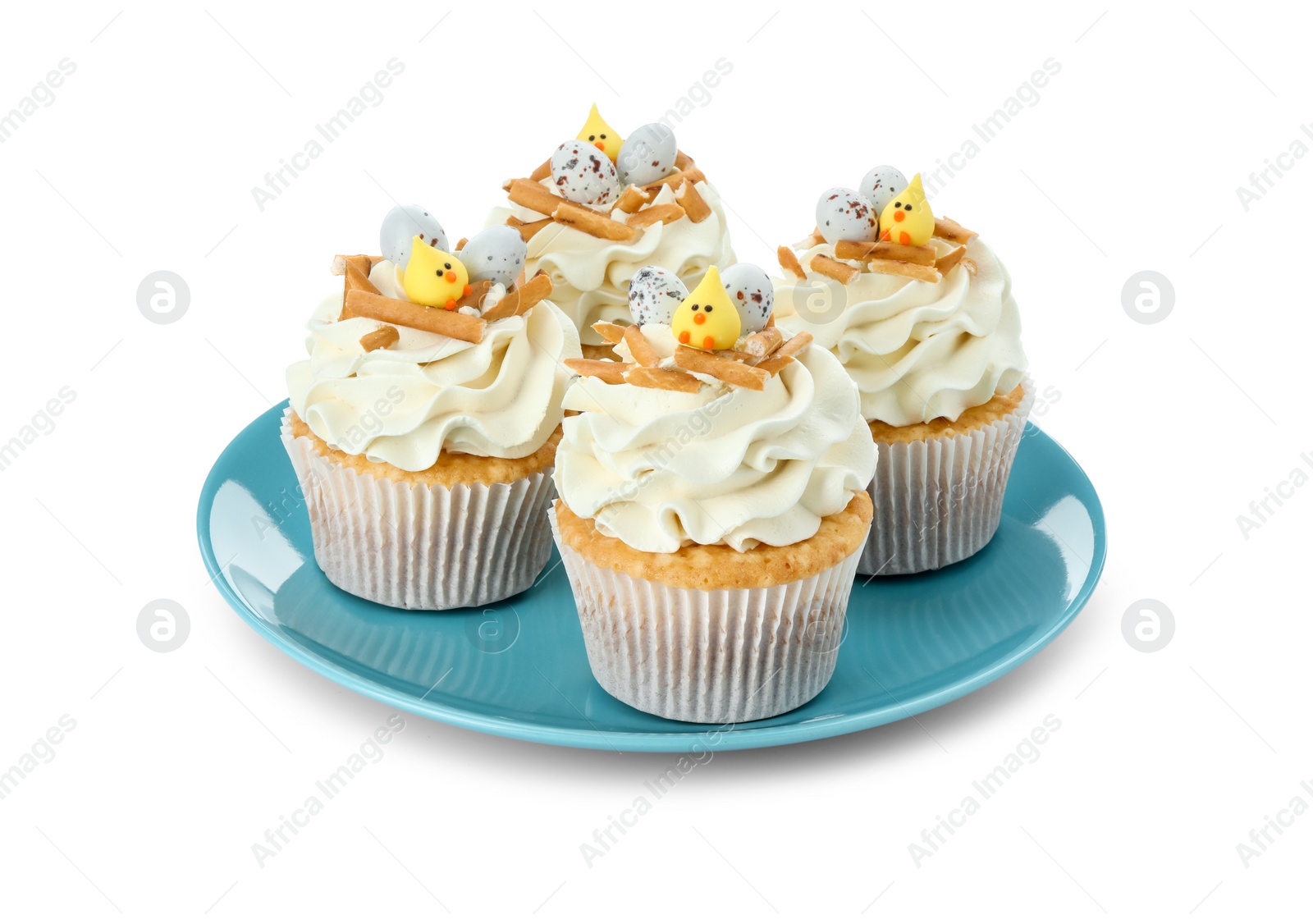 Photo of Tasty Easter cupcakes with vanilla cream isolated on white