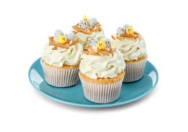 Tasty Easter cupcakes with vanilla cream isolated on white