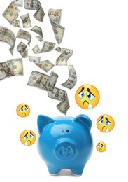 Image of Piggy bank with flying out money and crying face emoji illustrations symbolizing buyer's remorse on white background