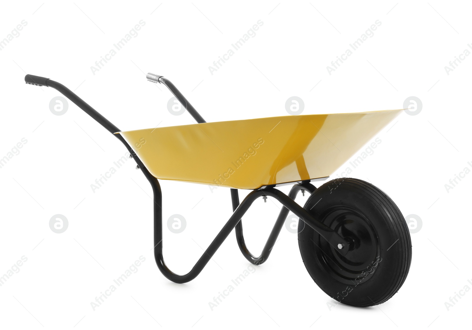 Photo of Color wheelbarrow isolated on white. Gardening tool