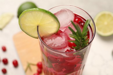 Tasty cranberry cocktail with rosemary and lime in glass on table, closeup